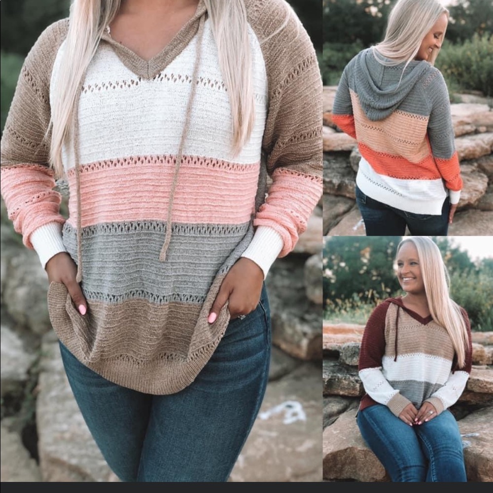 Hooded thin sweater. Colors are grey, white, and maroon. Size medium. NWT